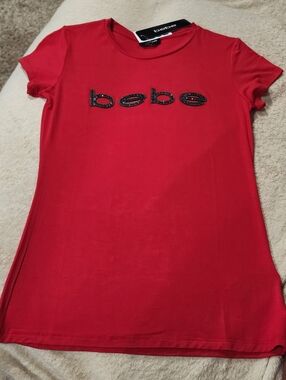 bebe Red Short Sleeve Tee with Black Rhinestone Logo Stretchy Small NWT